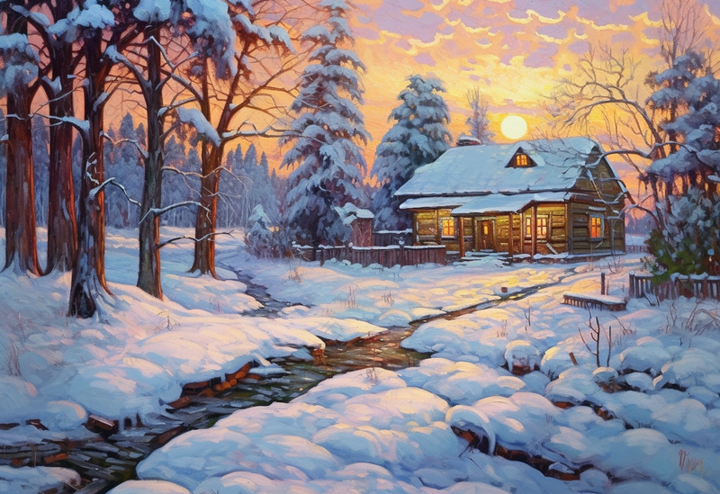 小木屋寒冷冬天雪地月光星空森林里的小河小路插画,插画/手绘图,插画/手绘图库,插画/手绘图下载,插画/手绘